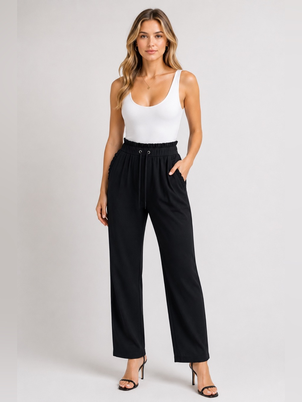 Storia Pants Medium Black Drawstring High Rise Ruffled Waist Solid Work Trousers